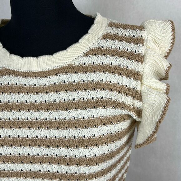 NEW blu pepper Sleeveless Sweater Ruffle Sz Large Loose Knit Beige Tan - Picture 2 of 7